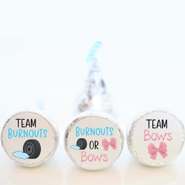 Burnouts or Bows Gender Reveal Party Favor Hershey Kiss Stickers - Car Theme Baby Shower Party Favors - BRB001 - STICKERS ONLY :)