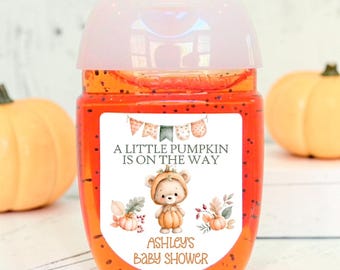 Personalized Little Pumpkin Baby Shower Hand Sanitizer Party Favor Labels - A little pumpkin is on the way theme - ALB100 - LABELS ONLY :)