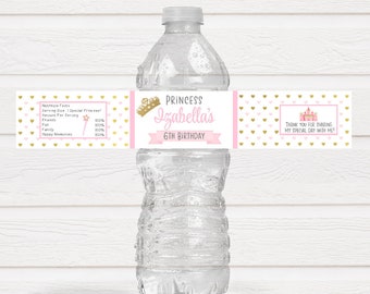 May include: A clear water bottle with a custom label for a 6th birthday. The label is pink and gold, with the text "Princess Izabella's 6th Birthday." It includes a crown graphic and a "Thank you" message.