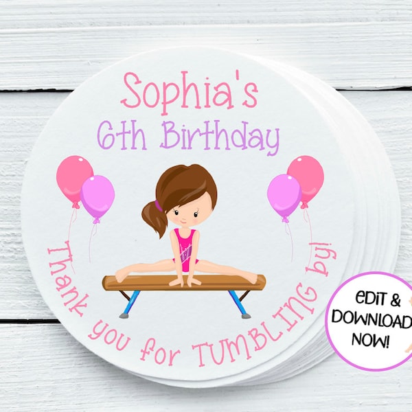 Personalized Gymnastics Party Printables, Tumbling Party Favor Labels - DIGITAL FILE ONLY - Gift Tags - 1.5", 2", 2.5" sizes - GYM025