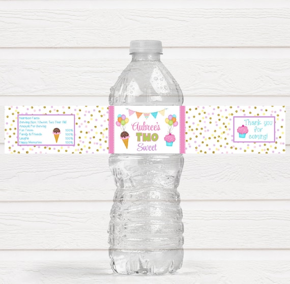 Personalized Two Sweet Theme Birthday Party Water Bottle Labels