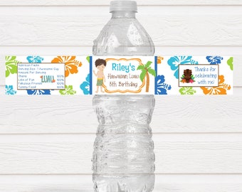Etiquetas personalizadas para botellas de agua de fiesta de cumpleaños de Luau hawaiano - Fiesta de Luau tropical - HAW221 - ETIQUETAS SOLAMENTE :)
