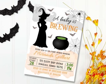 May include: A Halloween-themed baby shower invitation with a silhouette of a pregnant witch holding a cauldron. The invitation reads "A baby is BREWING" and includes details for the event, including the date, time, location, and RSVP information.