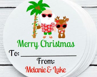 Personalisierte tropische Weihnachtsmann und Rudolph Weihnachtsetiketten - Weihnachtsgeschenkanhänger Aufkleber - Geschenkanhänger - TRP025 - Größen 1,5, 2, 2,5