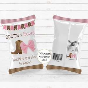 Stiefel oder Schleifen Western Thema Gender Reveal Chip Bag Printables - Sie drucken BOB550 - NUR zum DIGITALEN DOWNLOAD :)