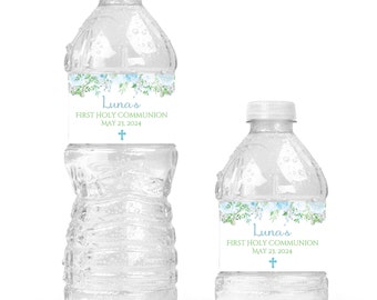 Personalized Light Blue Floral First Communion Water Bottle Labels - Blue Communion Labels - FCC228 - LABELS ONLY :)