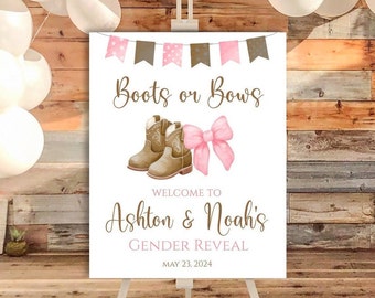 Boots or Bows Gender Reveal Welcome Sign Printable - 6 Sizes Included - You Edit & Print - DIGITAL FILE ONLY - Editable Favor Signs - BOB702