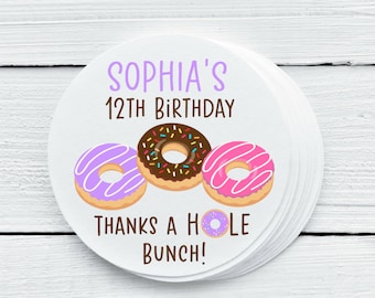 Personalized Glossy Donut Birthday Party Favor Labels - Doughnut Favor Labels - Gift Tags - 1.5", 2", 2.5" sizes - DON025