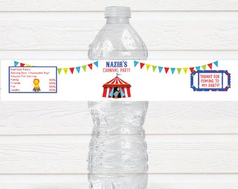 Set of 12 Circus Carnival Birthday Labels Water Bottle Wrappers-Child Birthday-Pink-Mint Green-Lavender Pastel Colors 