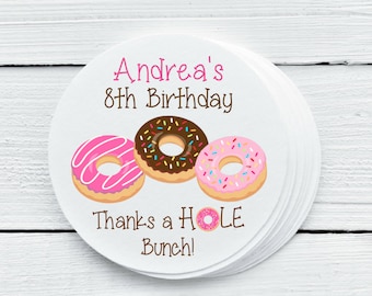 Personalized Glossy Donut Birthday Party Favor Labels - Doughnut Favor Labels - Gift Tags - 1.5", 2", 2.5" sizes - DON026