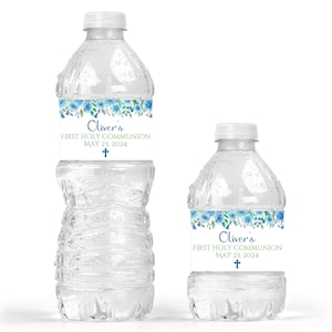 Personalized Blue Floral First Communion Water Bottle Labels - Blue Communion Labels - FCC229 - LABELS ONLY :)