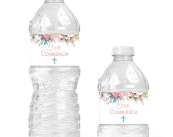 Blue and Pink Floral First Communion Water Bottle Labels - Floral First Communion Party Supplies - FCC230b - LABELS ONLY :)