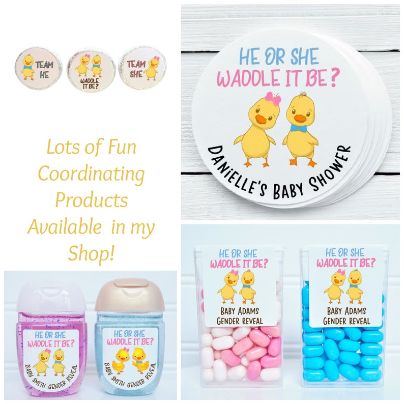 May include: A set of gender reveal party supplies featuring a yellow duck theme. The set includes stickers, favor boxes, hand sanitizer bottles, and candy. The stickers feature the text "He or She Waddle It Be?" and a cartoon image of a yellow duck. The favor boxes are filled with blue and pink candies. The hand sanitizer bottles have labels that say "He or She Waddle It Be?" and feature a cartoon image of a yellow duck. The text "Baby Adams Gender Reveal" is also included on the favor boxes and hand sanitizer bottles.