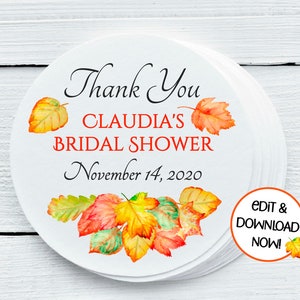 Könnte beinhalten: Runde Dankeschön-Geschenk-Etiketten mit einem Aquarell-Design aus Herbstblättern in Orange-, Gelb- und Rottönen. Der Text lautet "Vielen Dank Claudia's Bridal Shower 14. November 2020".