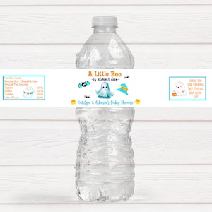Personalized A Little Boo is Almost Due Theme Baby Shower Water Bottle Labels - Blue Halloween Theme Baby Shower - LABELS ONLY :)  ALB221