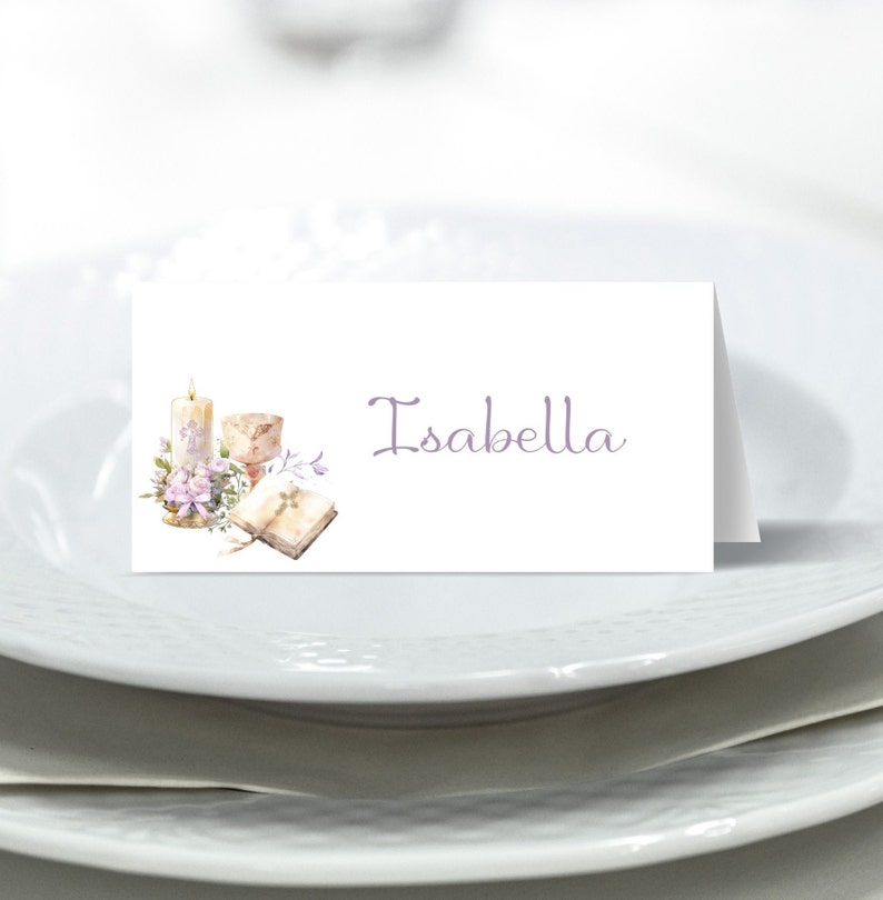 May include: White place card with a watercolor illustration of a candle, chalice, and bible. The text "Isabella" is printed in purple.