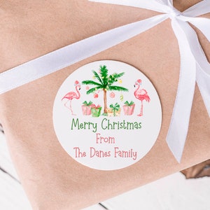 Personalized Tropical Flamingo Christmas Green Pink Favor Labels - Christmas Gift Tag Stickers - Gift Tags - CHR052 - 1.5", 2", 2.5" sizes