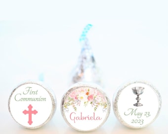 Personalized Pink Floral First Communion Chocolate Kiss Party Favor Stickers - Pink First Communion Favors FCC012 - STICKERS ONLY :)