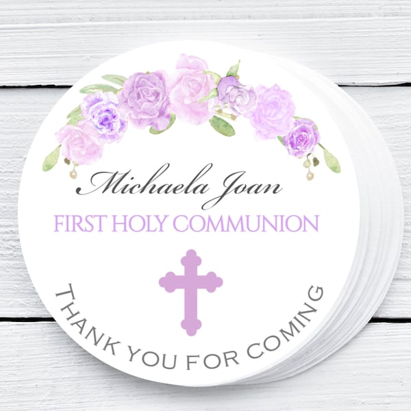 Personalized Round Lavender Floral Swag First Communion or Baptism Party Favor - Sticker Favors - 1.5", 2.0" and 2.5" sizes - FCC038