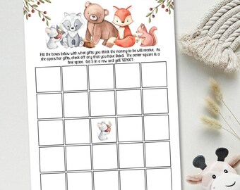 Woodland Animals Baby Shower Theme Bingo Card Printables, WAN673 - DIGITAL FILE ONLY - 1 pdf, jpg - Nothing Shipped - Available immediately