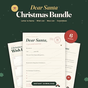 Może przedstawiać: Świąteczny zestaw Dear Santa zawierający sześć stron papieru do druku w kolorze kremowym. Komplet obejmuje szablon listu do Świętego Mikołaja, listę życzeń, listę grzecznych dzieci oraz kalendarz odliczający dni do świąt z motywami.