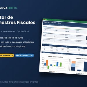 Puede incluir: Plantilla de hoja de cálculo digital titulada Finova Sheets Gestor de Trimestres Fiscales para la gestión fiscal en España 2026. Incluye un panel de control con datos financieros, modelos 303, 130, 111, 115, 202 y gráficos de barras de ingresos.