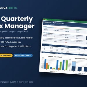 May include: A digital US Quarterly Tax Manager spreadsheet for Microsoft Excel by Finova Sheets. The interface displays a business dashboard with financial data, quarterly tax breakdowns, and bar charts for revenue, costs, profit, and taxes to set aside.