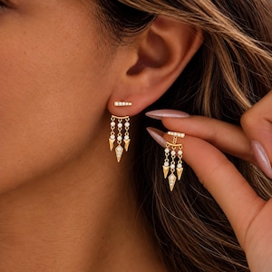 Adjustable Ear Jacket Earrings with Removable Zircon Bar Studs and Gold Tone Geometric Spike Drops for Two Way Styling and Birthday Gifts