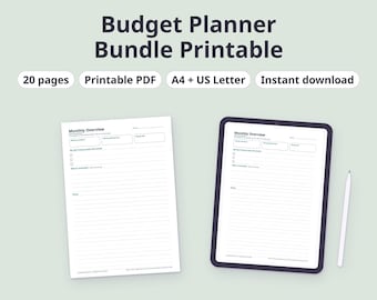 May include: A budget planner bundle printable featuring 20 pages in A4 and US Letter sizes. The image displays a Monthly Overview sheet and a tablet showing the same document with a stylus, labeled Budget Planner Bundle Printable.