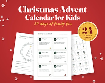 May include: A printable Christmas Advent Calendar for kids featuring 24 activity cards. The set includes sheets with a countdown to Christmas, numbered activity boxes from 1 to 24, and cards with tasks like making paper snowflakes and writing to Santa.