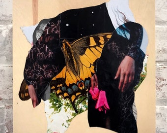 BIRTHRIGHT, original analog collage, magazine, butterfly, transformation, wood panel, 8x8"