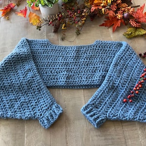 May include: A light blue crochet shrug with long sleeves. The handmade bolero features a textured stitch pattern and ribbed cuffs. The garment is displayed on a wooden surface with fall foliage in the background. A cozy, handmade fashion item.