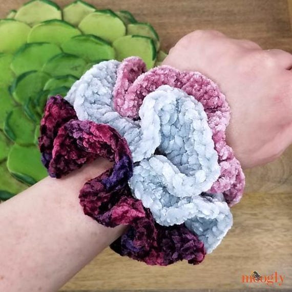 39 Crochet Scrunchies with Flowers, Ruffles, Bows, and Cherries 7 Crochet Hyperbolic Velvet Scrunchies