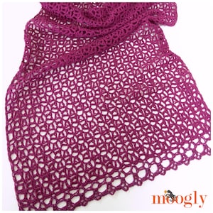 Può includere: Primo piano di uno scialle all'uncinetto in una profonda tonalità magenta. Il design traforato presenta un motivo geometrico ripetuto, creando una trama delicata e ariosa. Lo scialle è drappeggiato, mostrando la sua forma e gli intricati dettagli dell'artigianato fatto a mano.