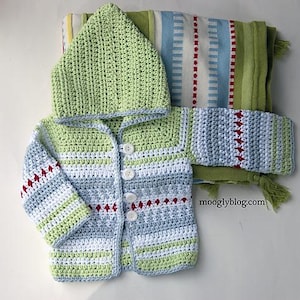 Sven tröjmönster - Virkning - Aran & Worsted garn - Ränder, huva, knäppning framtill - Endast PDF-mönster