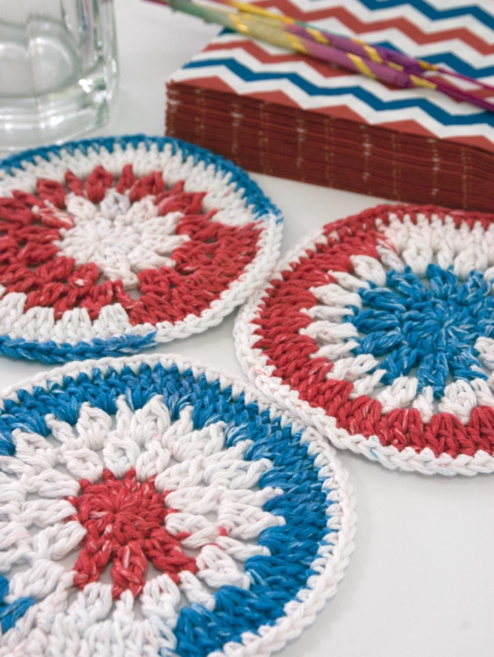 39 Red, White, and Blue Crochet Patterns for Festive Celebrations 18 Stars & Stripes Mini Mandala Coaster