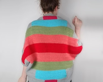 Patrón PDF para cárdigan de ganchillo con bloques de color y diseño de capullo - Tallas estándar y grandes - Hilo de grosor medio o aran