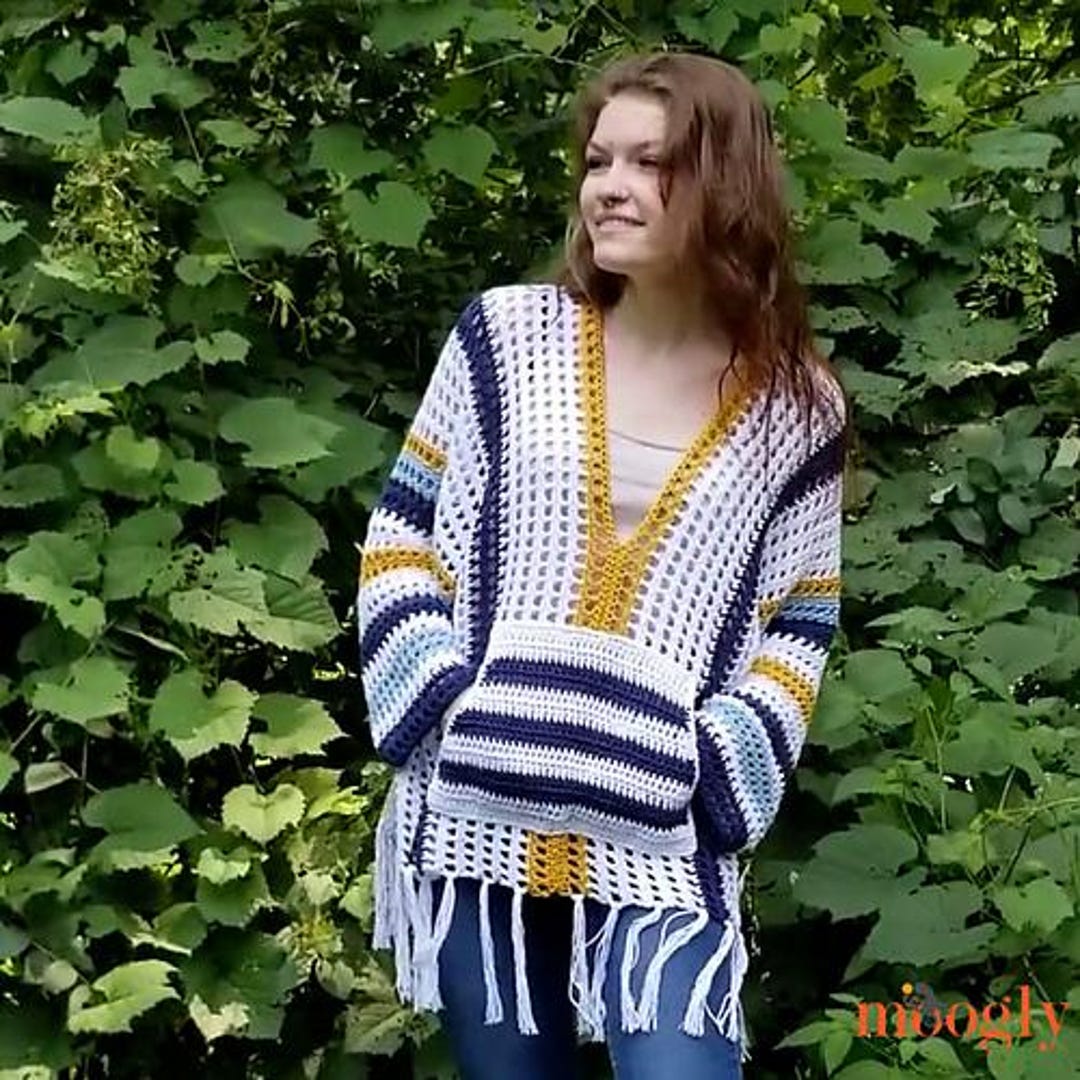 Stapoo Pattern Crochet Summer Staple Sweater Pattern - Fringe Stripes Mesh V-neck - DK ...