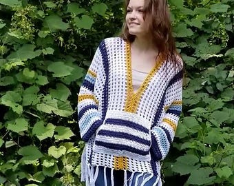 Crochet Summer Staple Sweater Pattern - Fringe Stripes Mesh V-neck - DK Yarn - Beginner - Pattern PDF