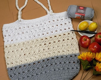 Modello PDF per borsa da mercato all'uncinetto facile da realizzare - Design testurizzato senza cuciture dal basso verso l'alto con video tutorial - Borsa perfetta per il mercato diurno