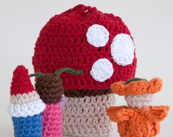 Magical Toadstool Finger Puppets Crochet Pattern PDF - Includes 3 Puppets and Drawstring Storage Pouch for Quiet Creative Play