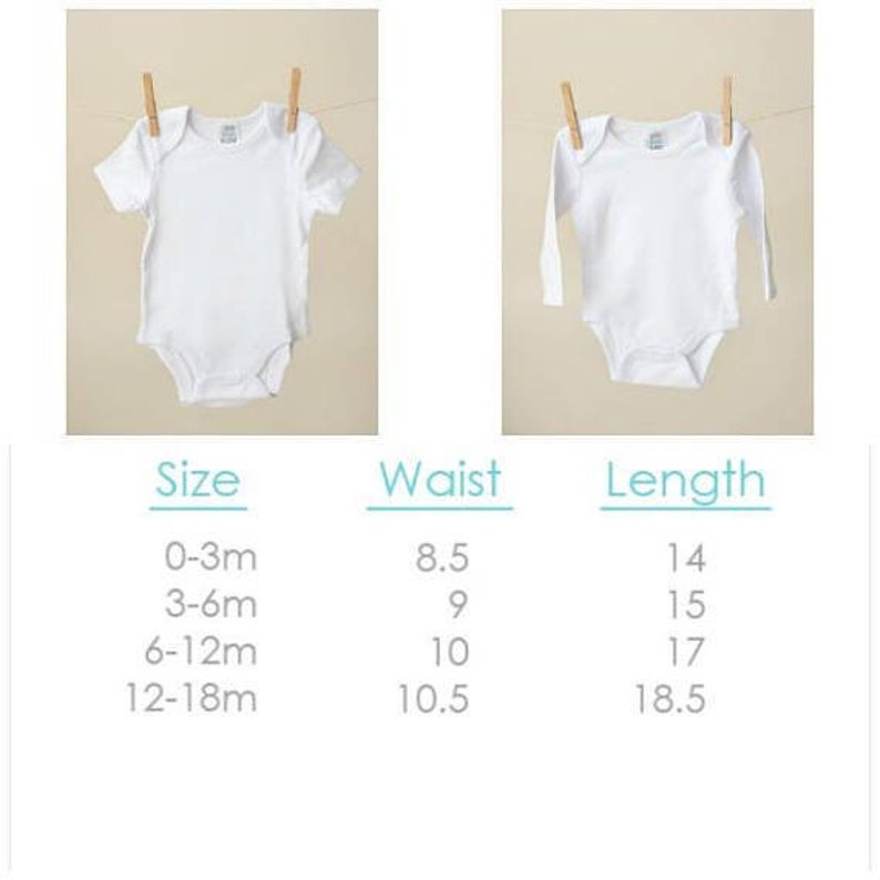 May include: Two white baby onesies, one short-sleeved and one long-sleeved, hanging from wooden clothespins. A chart below lists sizes from 0-3 months to 12-18 months, with waist measurements from 8.5 to 10.5 inches and lengths from 14 to 18.5 inches.