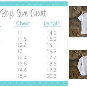 May include: White t-shirts and a size chart for boys. The chart lists sizes from 12 months to size 8, with chest and length measurements in inches. The shirts are hanging on a clothesline.