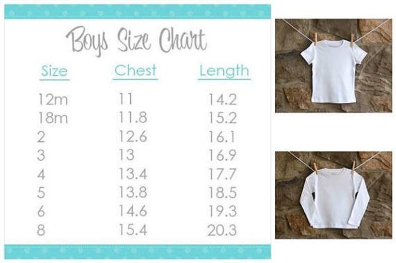 May include: White t-shirts and a size chart for boys. The chart lists sizes from 12 months to size 8, with chest and length measurements in inches. The shirts are hanging on a clothesline.