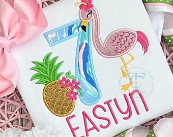 Flamingo birthday shirt, Pineapple themed party, Tropical birthday, Summer Themed Party, Girls Birthday Shirt, You pick the age and colors.