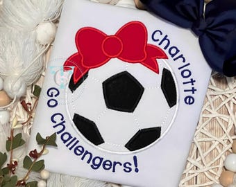 Girls Soccer with Bow Shirt, Go Team, Premium Girl with bow, embroidered name/soccer applique tshirt/toddler baby infant/personalized
