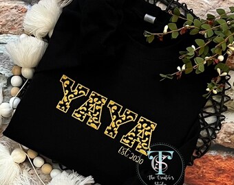 Leopard Embroidered Name Sweatshirt, Mama, Mimi, Nana, Momma, Yaya, Nurse, Name Sweatshirt w/Established Date under