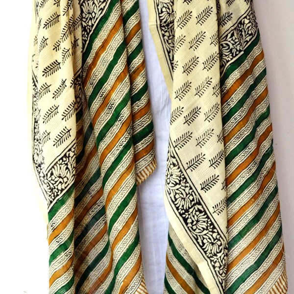 Extra Large Green, Yellow and Black Fern scarf - Hand block printed, Natural Vegetable Dyes, 100% Cotton Oversized Scarf, Pareo, Shawl