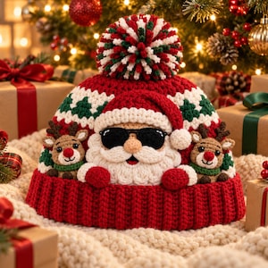 Op de afbeelding: Een rood-witte gehaakte muts met een grote pompon bovenop. De muts toont een centraal gezicht van de Kerstman met een zwarte zonnebril, geflankeerd door twee kleine rendieren met rode neuzen. Het ontwerp bevat groene dennenboompatronen.