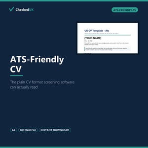 Pode incluir: Um modelo de documento digital para um CV compatível com ATS num fundo azul escuro. O texto inclui CheckedUK, ATS-Friendly CV e uma pré-visualização de um documento intitulado UK CV Template - Ats com espaços para nome, cargo e contactos.
